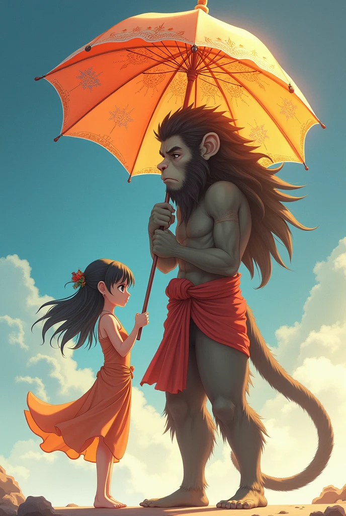 Anime girl standing with hanumanji. Hanuman ji holding umbrella