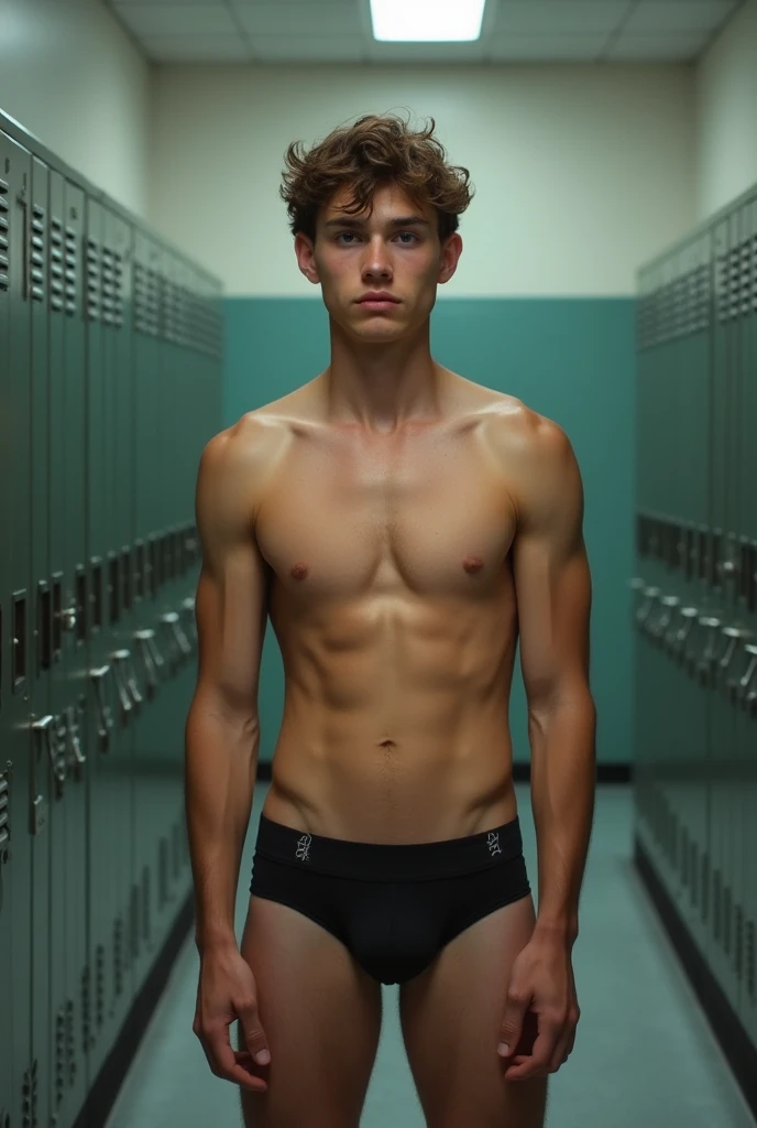 An 18-year-old boy at school wearing only underwear