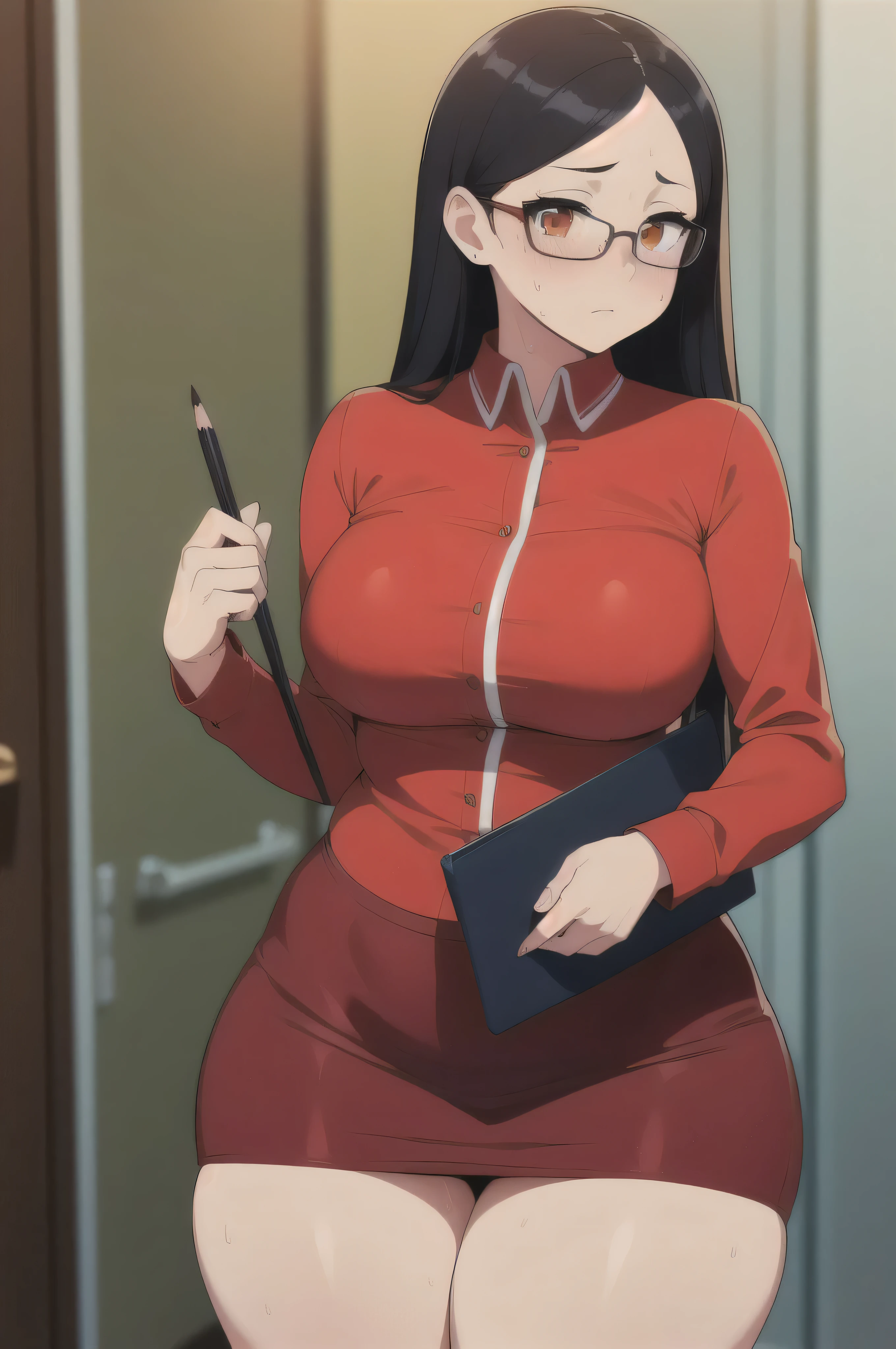 ((masterpiece)), perfect anatomy, perfect shading, depth field, (Best Quality), extremely delicate and beautiful, perfect lighting, detailed face, ultra Beautiful face, Beautiful, (cowboy shot 1.2), flipped to one side, (((1 girl))), ((Alone)), looking at the viewer, by the wide, black fur, orange eyes, Glasses, ((blush)), shy, highly strung, perspiration, extremely tight clothing, big breasts, ((thick thighs)), Secretary, white tube skirt, tube skirt, long tube skirt, Red shirt, long sleeves, intricate background, detailed background