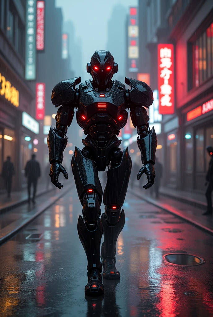 (photorealism:1.2),A gritty, cyberpunk police droid navigates the dark, rain-soaked alleys of a neon-lit megacity. Its sleek, black armor is adorned with flashing red lights