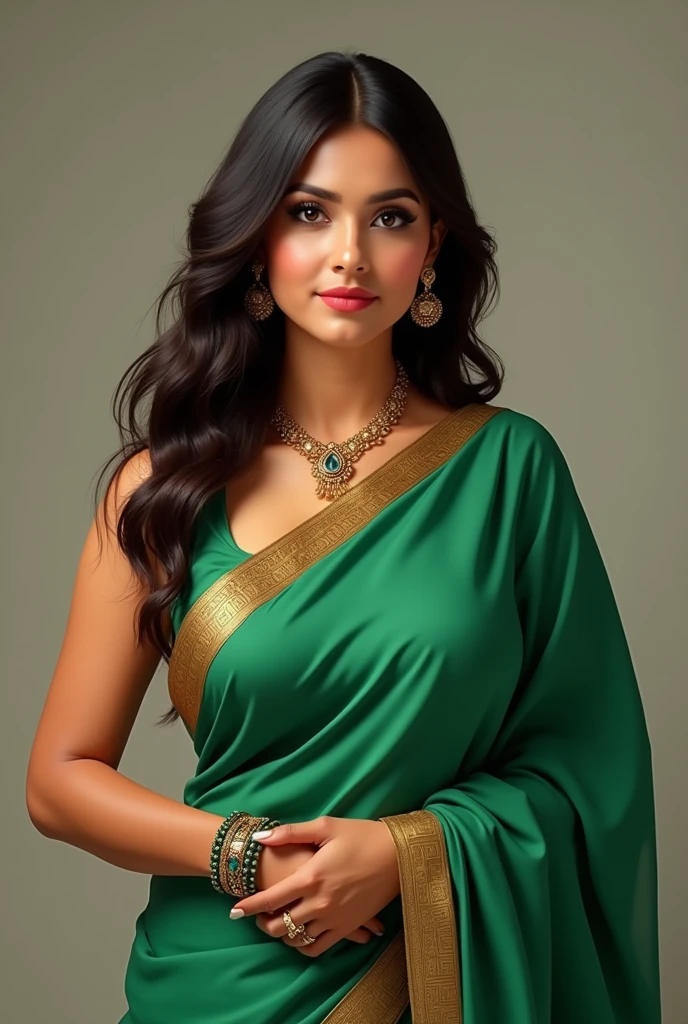 35 year old thick indian Lady in green sari with sleeve less blowse. Showing some cleavage
