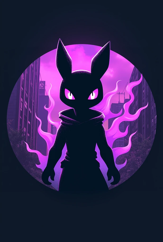 Round logo for a barbershop with an urban name featuring the Geninja Pokemon with purple flames in the background