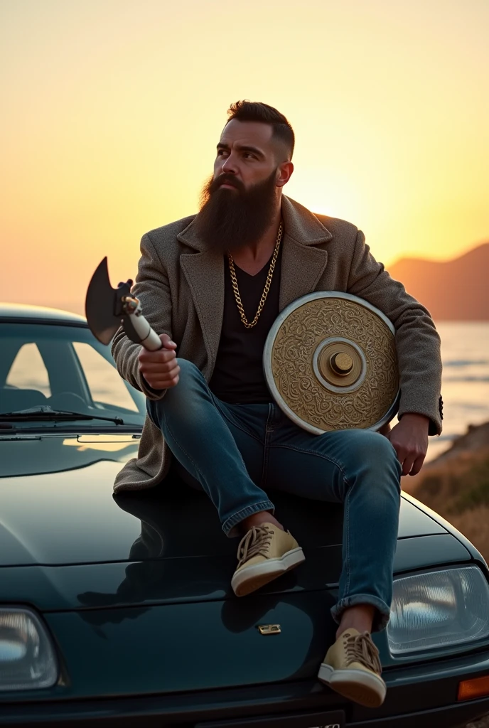 A bearded man sitting on the hood of a car next to a parked car., flaunting his wealth, ๐ช ๐จ;๐๐, edited, album photo, ๐น๏ธ ๐ ๐ซ ๐ค ๐ฌ, profile image, taken with sony alpha 9, ๐ฟ๐๐, holding a ๐ก and an ๐ช, na coast