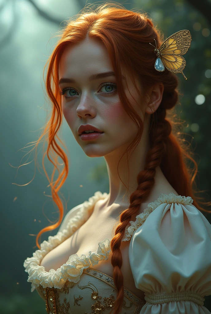 (solo, full body photo:1.3), (action packed:1.3), (haze, fog, mist:1.3), chiaroscuro, best quality, photorealistic, 1woman, (cute), (24yo:1.2), redhead, long ginger hair highly detailed, 1700'S, digital photography, art by artgerm and ruan jia and greg rutkowski surreal painting gold butterfly filigree, broken glass, (masterpiece, sidelighting, finely detailed Fashionable eyes: 1.2) (perfect oval large eyes that gazes at the viewer), beautiful detailed face, blue gorgeous perfect eyes, (blonde hair ponytail), (attractive young woman:1.3), (thick amazing hair), (seductive:1.1), (blushing:1.1)