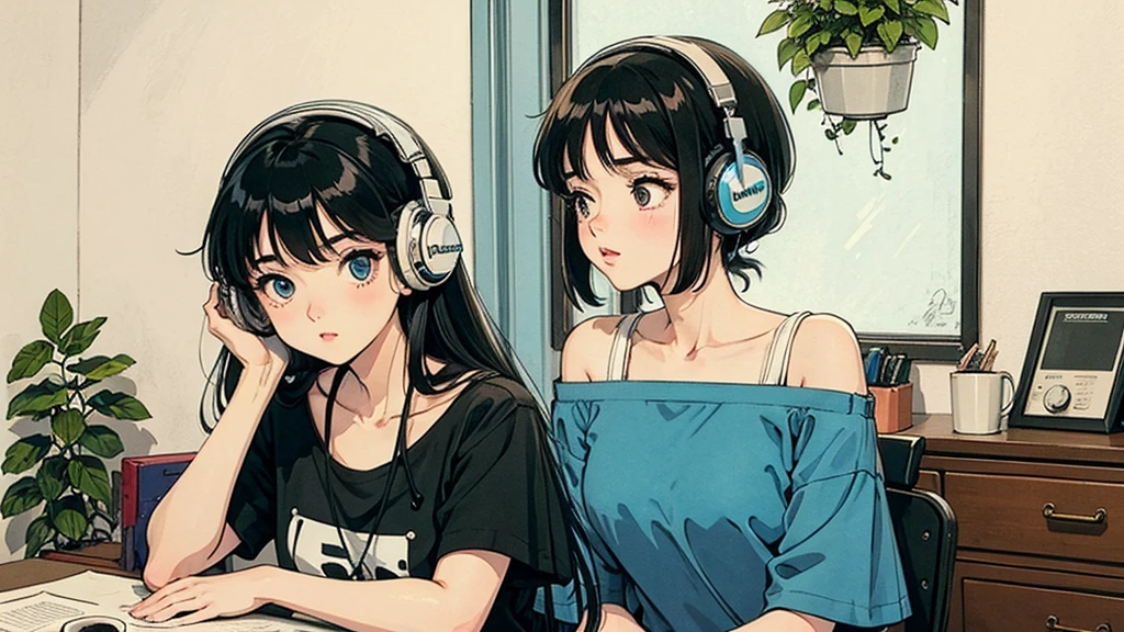 1 person, Blue Long Hair, 80s anime style, I have headphones on, coffee, Retro, Lo-Fi,A room with only white walls, The furniture is only decorated with plants.、Wearing a short-sleeved T-shirt, Close-up of a woman's face from the front
