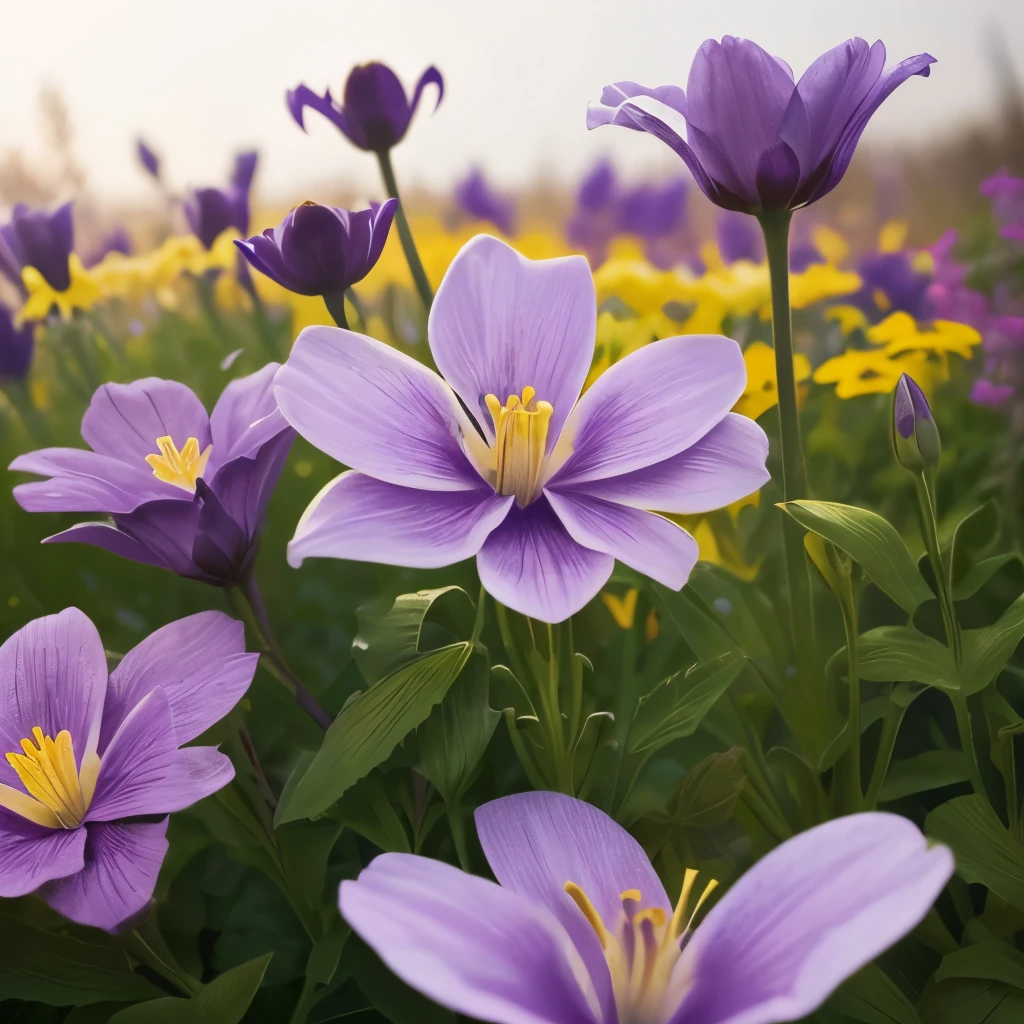 purple and yellow flowers are growing in a garden, purple and yellow, violet polsangi, by Hans Werner Schmidt, violet flower, by Dietmar Damerau, violet, yellow purple, by Karl Gerstner, yellow and purple tones, draped in silky purple and gold, some purple and orange, by Hans Schwarz, some purple, very colourful