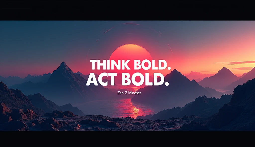 "Design a modern and motivational YouTube banner for 'Zen-Z Mindset' with a focus on the slogan 'Think Bold. Act Bold.' In the center safe area (1546x423 pixels), feature the channel's logo, name, and slogan clearly in bold, futuristic font. Surround the central content with a sleek background of rising mountains, a vibrant sunrise, and gradient skies transitioning from dark blue to orange, symbolizing growth and new beginnings. Extend the background design for larger screens, adding abstract light streaks and geometric shapes to create a clean, inspiring, and modern feel. Ensure the essential text remains fully visible on all devices."