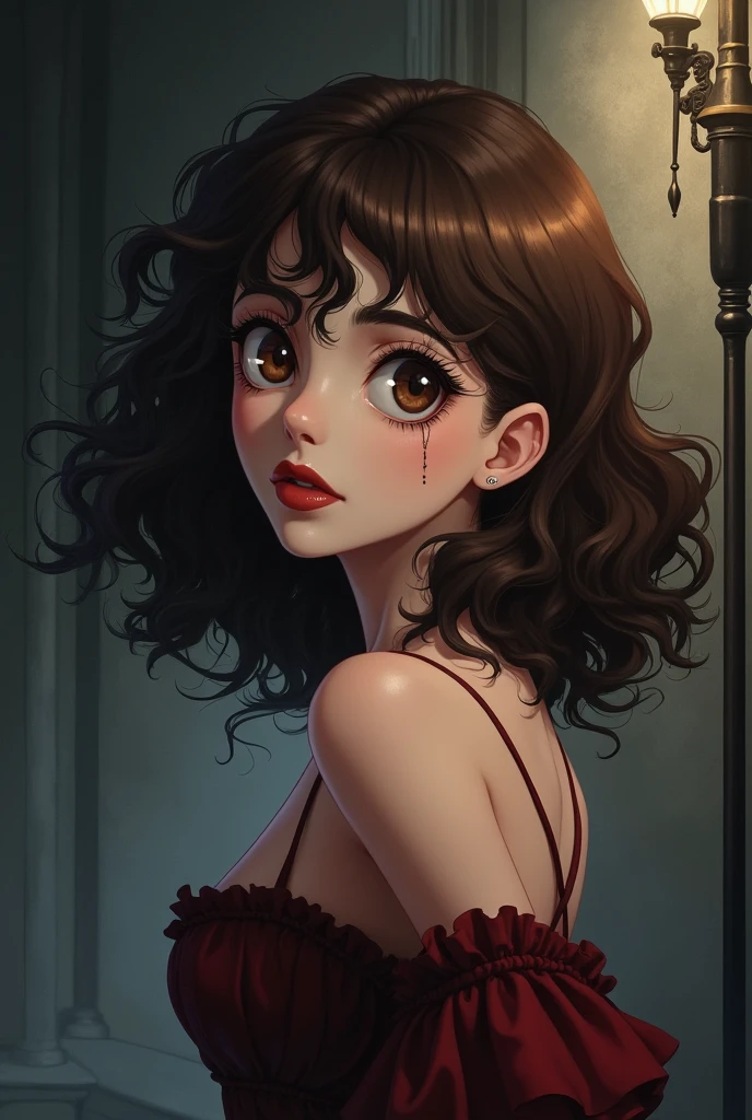 90s anime style vampire girl with brown shoulder-length curly hair and brown eyes