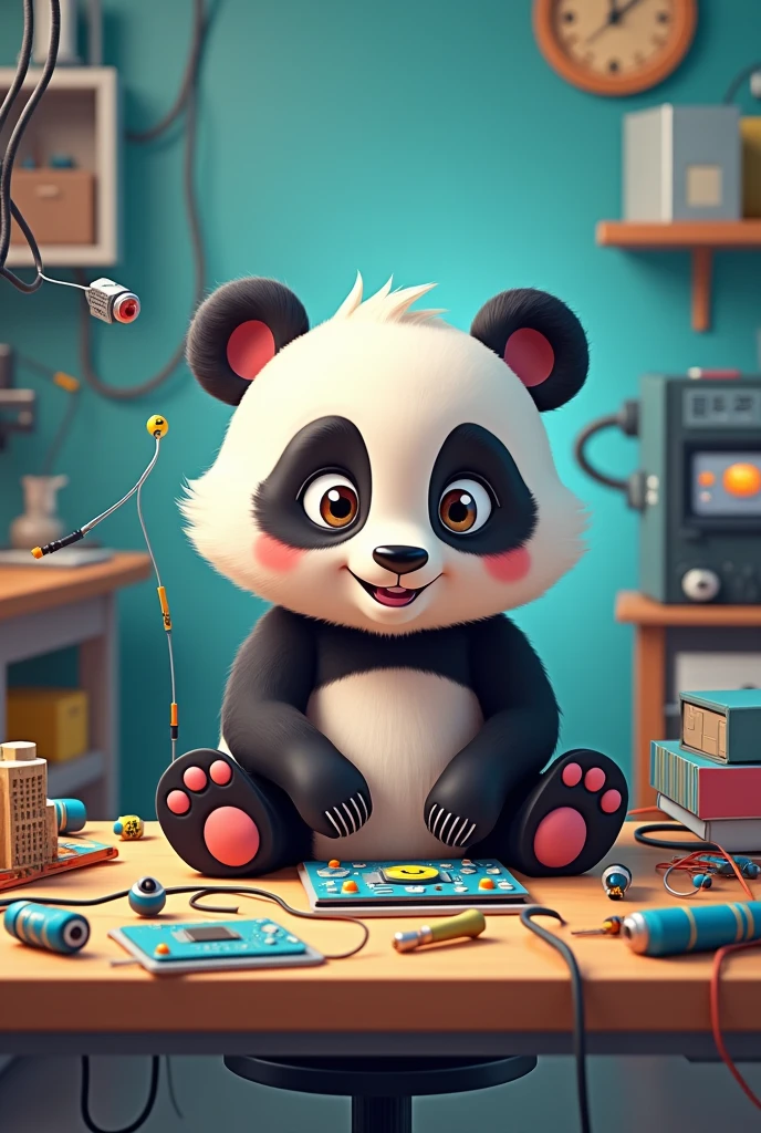 A cute panda playing with electrical circuits, chips and programming in a engineering environment with engineering elements around him, cartoon type, animated type