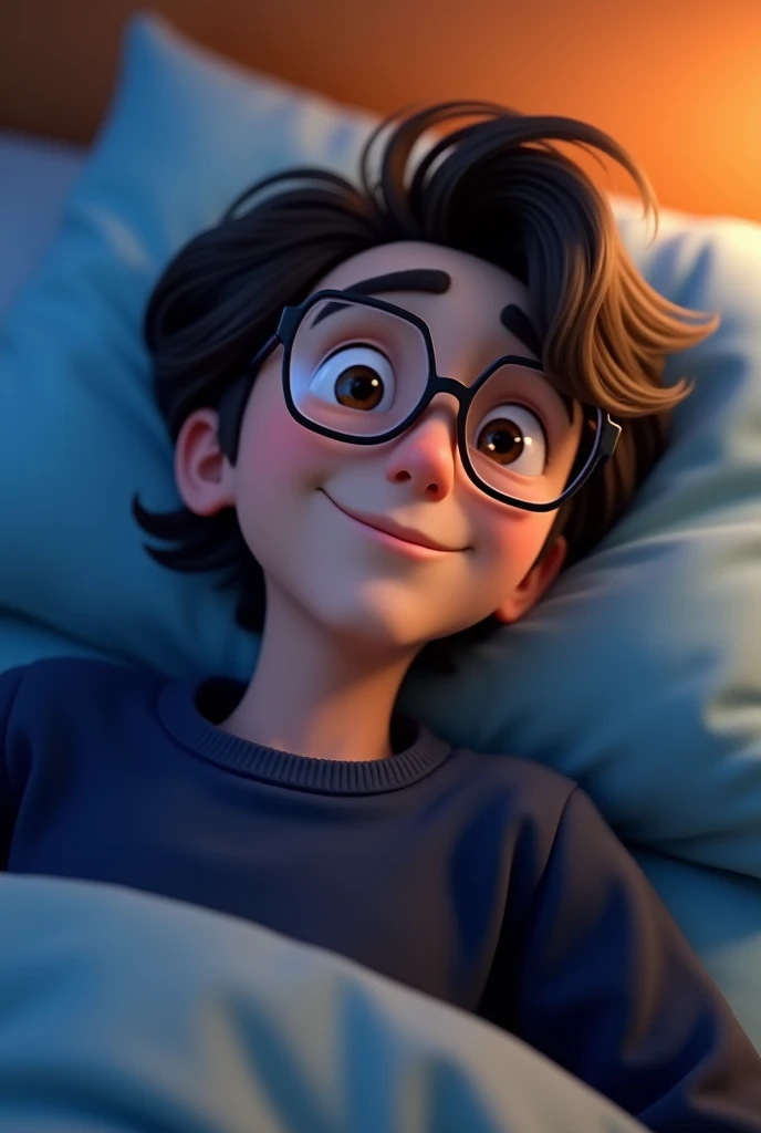 a male animated movie character in the Disney Pixar style, high qualiy, best quality , black fleece sweater blue shirt , Wear nerd glasses, , long hair , Happy young man , lying in bed in his room, seen up close