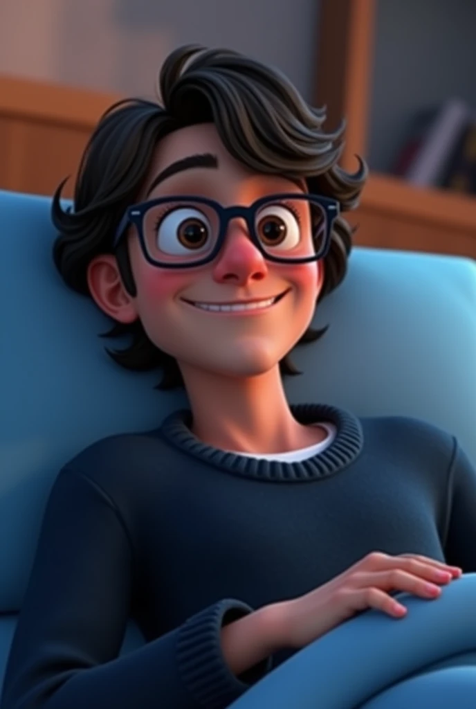 a male animated movie character in the Disney Pixar style, high qualiy, best quality , black fleece sweater blue shirt , Wear nerd glasses, , long hair , Happy young man , lying in bed in his room, seen up close