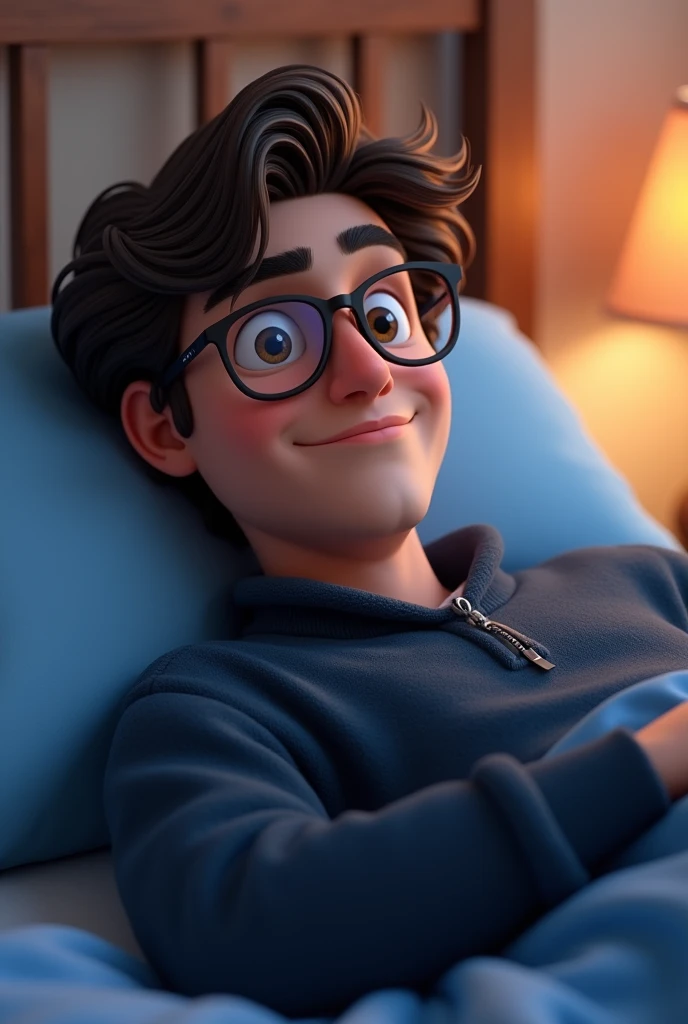a male animated movie character in the Disney Pixar style, high qualiy, best quality , black fleece sweater blue shirt , Wear nerd glasses, , long hair , Happy young man , lying in bed in his room, seen up close