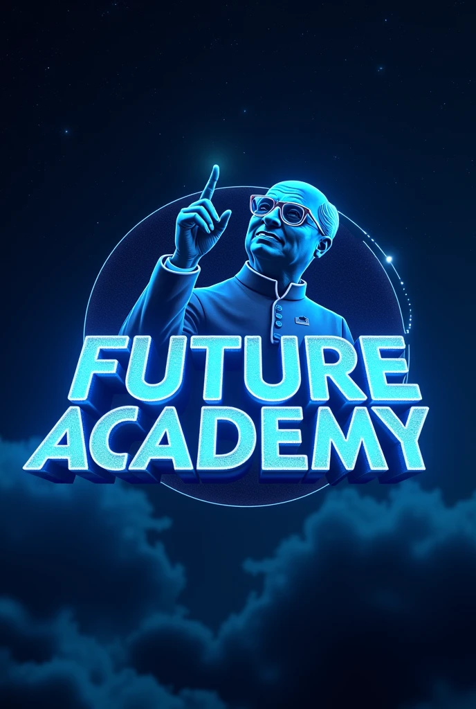 Make a logo of my academy named as the future academy, blue coloured 3D , shining brightly, in space and stars , beautiful, 
Dr Bheem rao Ambedkar pointing out his finger to the academy 