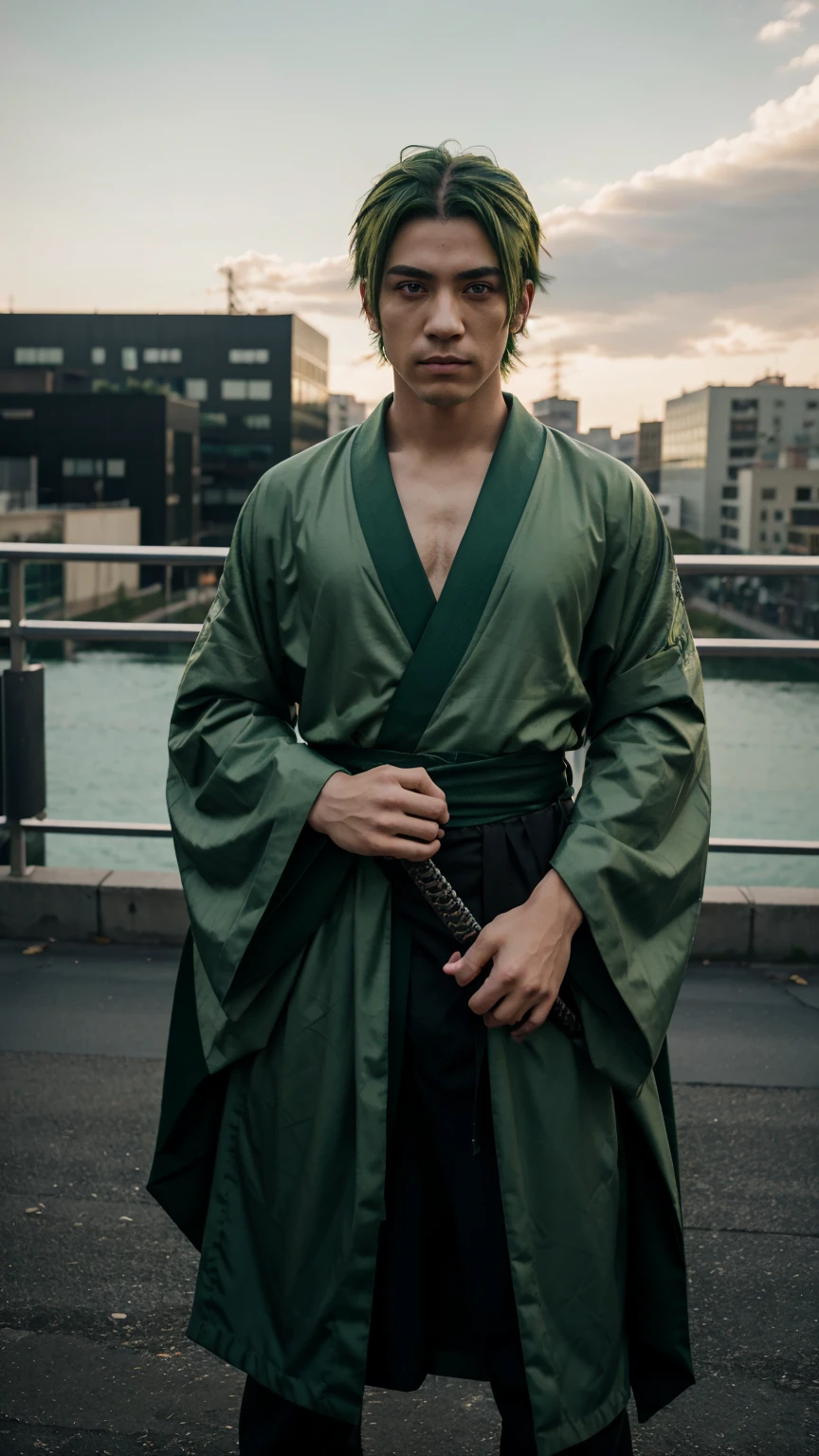 1guy, male, cosplay, green hair , black eyes, green kimono, three swords, city background, ultra detail, realistic, 4k picture, textured skin, five fingers