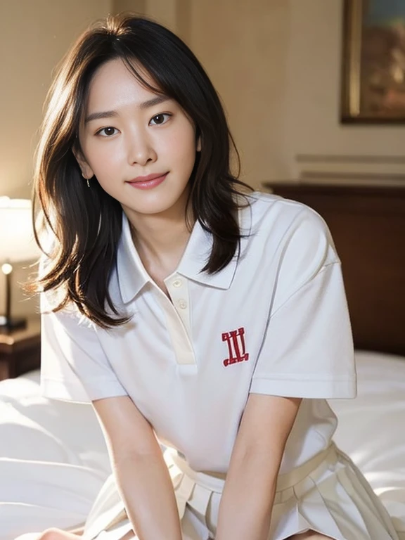 (Masterpiece, Best quality:1.3), (Ultra realistic, Photo-realistic:1.2), Natural light, 28 years old actress, Japanese beautiful 2 women, Neat and clean, (White tennis uniform, White short-sleeve polo shirt with darknavy line collar:1.1), (unbutton:1.2), (White pleated skirt:1.1), (damaged skirt:1.1), white sock, (ponytail:1.2), (Beautiful faces), Oval face, clear, Beautiful eyes, Kind eyes, Clear skin, Small face, Beautiful mouth, Small mouth, Natural makeup, Approachable, Seductive smile, (Seductive pose:1.2), Beautiful thighs, Bedroom eyes, Embarrassed, Blush, Luxury hotel Suite room, On bed, (nsfw:1.3), obscene reality of girls, (lesbian couple, petting together:1.2), looking at each other, grabbing crotch, erotic hug,  