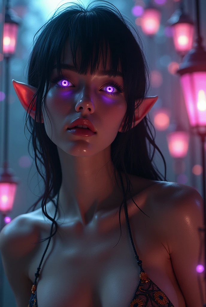 photoillustration of sexy elf, shiny purple eyes, exposed, transparent latex bodysuit, iconic stance, dramatic shadows, dramatic lights, interlacing elements, front below view, low angle shot, fantasy art, two tones, digital manipulated photo art, ultra-detailed, crisp clarity, high-contrast, luminous ambiance, rich textures, intricate patterns, vivid colors, cinematic lighting, accurate anatomical proportions. realistic digital art, highly detailed vfx portrait, amazing art, amazing digital art, hyperrealistic fantasy art