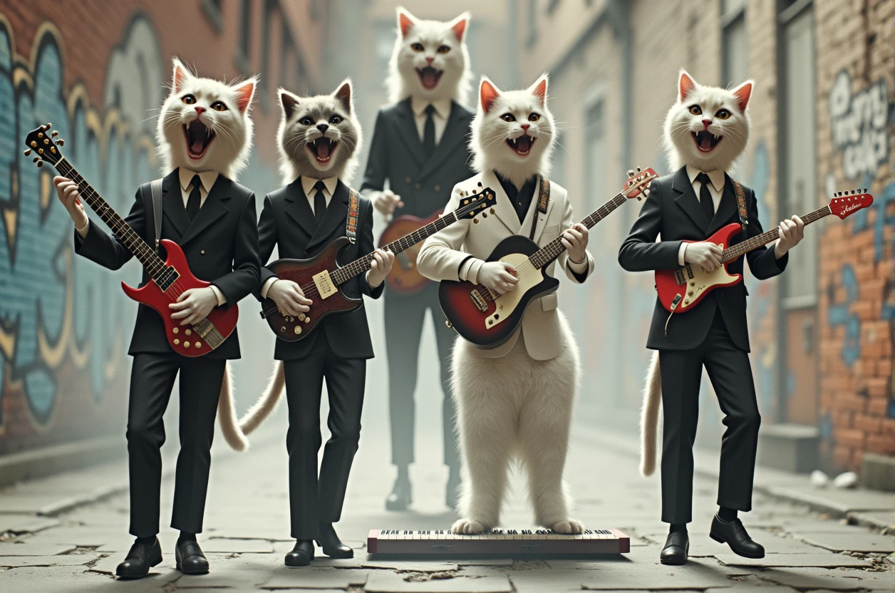 a group of cats playing music and singing The Beatles songs in a New York alley, detailed realistic cats with expressive faces, playing instruments, singing, dancing, in a gritty urban alley setting with brick walls, graffiti, neon signs, dramatic lighting, cinematic composition, highly detailed, photorealistic, vibrant colors, dynamic composition