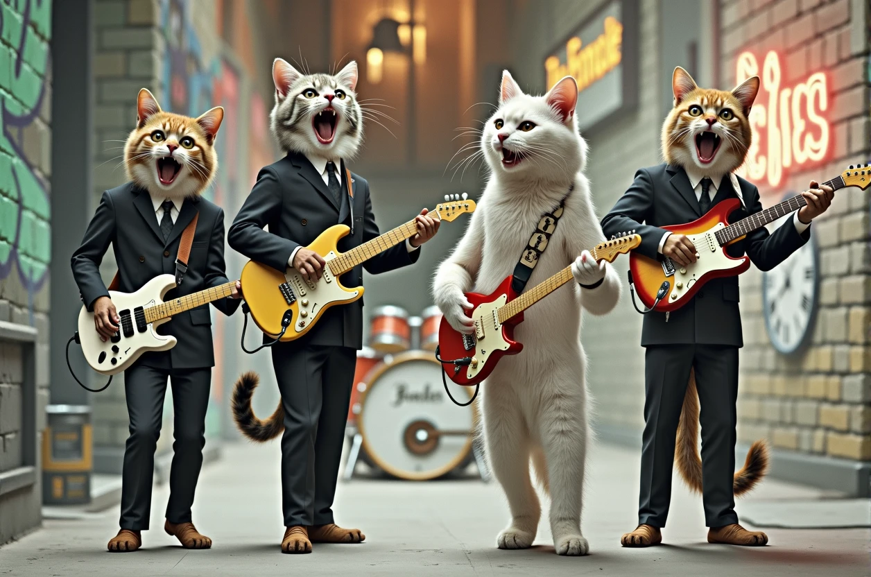 a group of cats playing music and singing The Beatles songs in a New York alley, detailed realistic cats with expressive faces, playing instruments, singing, dancing, in a gritty urban alley setting with brick walls, graffiti, neon signs, dramatic lighting, cinematic composition, highly detailed, photorealistic, vibrant colors, dynamic composition