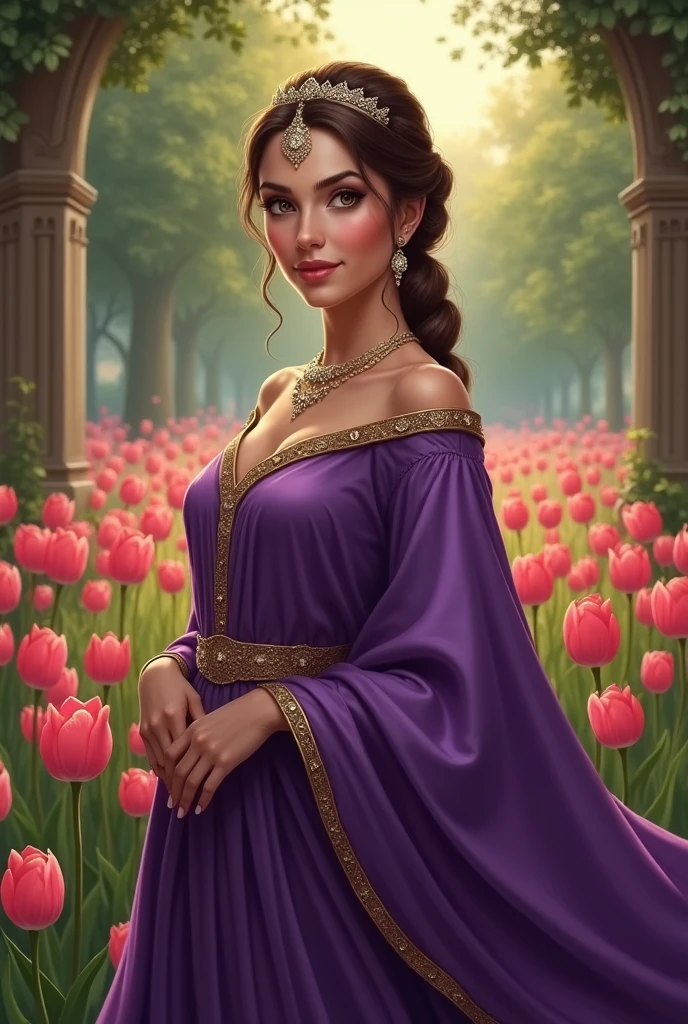 A sultana with brown hair tied up, in a purple dress and a tiara and in the background a garden with tulips