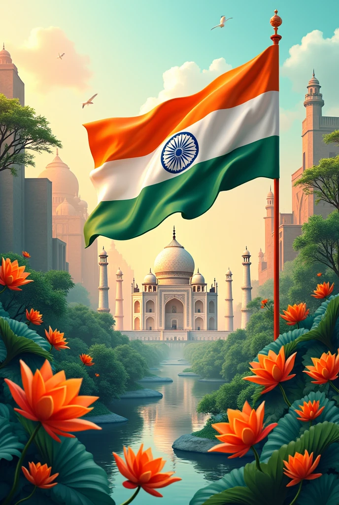 Create a 3D looking 78th independence day poster of India in 4:3 ratio with the title Happy Independance day written on it. Make it more creative with adding more things related to india