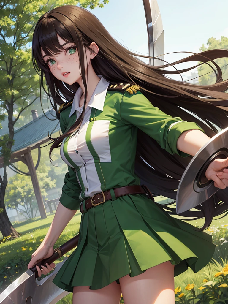 a 20 year old girl, with semi-long brown hair, bright emerald green eyes, with rosy lips, a few freckles and dressed in a uniform similar to Gojo Satoru's, wielding a scythe with cursed powers 