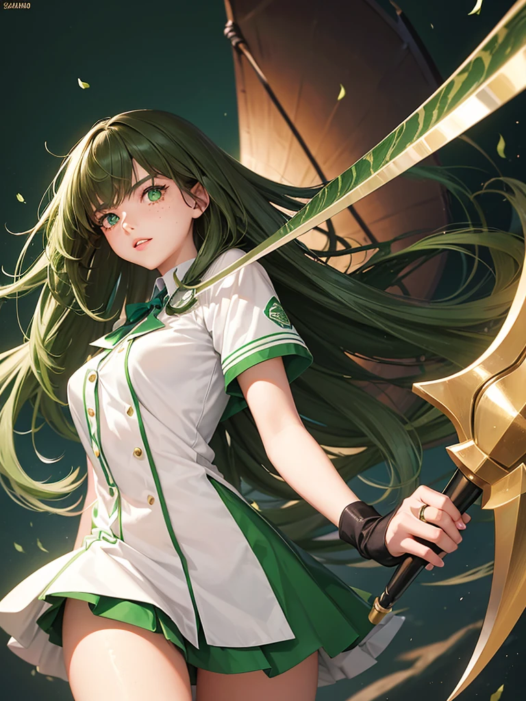 a 20 year old girl, with semi-long brown hair, bright emerald green eyes, with rosy lips, a few freckles and dressed in a uniform similar to Gojo Satoru's, wielding a scythe with cursed powers