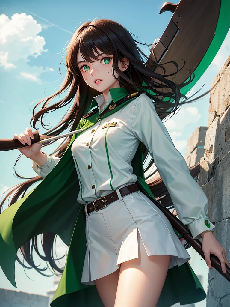 a 20 year old girl, with semi-long brown hair, bright emerald green eyes, with rosy lips, a few freckles and dressed in a uniform similar to Gojo Satoru's, wielding a scythe with cursed powers 