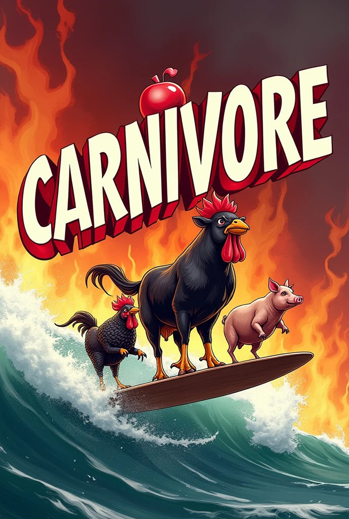 a chicken, a bull and a pig surfing on a chopping board with a word below: CARNIVORE, in white and red relief, over a sea of fire, cartoon illustration style, logo type