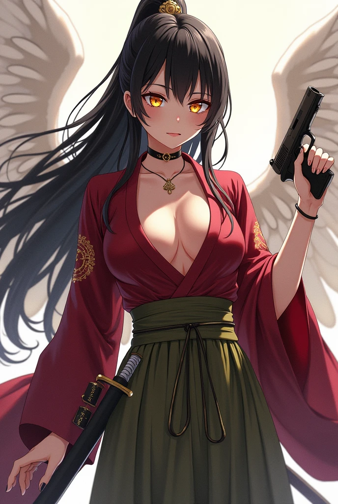 Anime Japanese woman in traditional clothing, with yellow eyes, black hair, translucent white wings behind her, maroon clothes, olive green hakama, short center-parted hair, large breasts, a sword strapped to her left hip, and a handgun in her right hand.