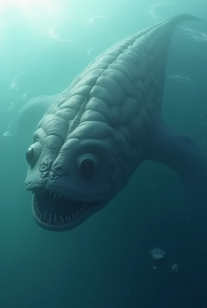 The composition depicts a giant, mysterious marine creature seen from the sky. This creature has an irregular shape, about 100 meters in length, and has large eyes and a gaping mouth,