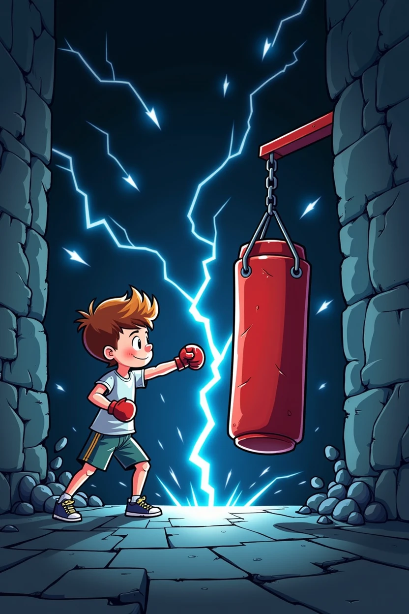 Cartoon of cute Young boy breaking the wall, while cute on right side throwing a powerful punch to a punching bag breaking the right wall with it, they both get electricity falling on them from above the word "Action bar" which also look good while background of whole image is black and electricity color is blue