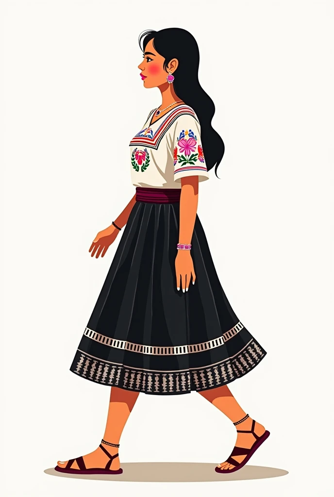 simple popular illustration of a young Guatemalan woman wearing Guatemalan clothing cut,huipil y faja caminando de lado si es la ropa de tecpan guatemala mejor y que reslte que esta usando joyas minimalistas te cuento el corte es una falda que llega bajo la rodilla es de fondthe black con cuadriculares de color blanco Huipil:
body: usually cotton, With a background in colors like white, red, the black.
Embroidery:
design: Embroidery en la parte frontal del huipil, with geometric patterns, animal figures, flowers and traditional Mayan symbols.
colors: Los bordados pueden ser en tonos vivos como rosado red y azul.
Location: The embroidery surrounds the entire blouse.: Rectangular or slightly flared, with a square or rounded neckline. Sleeves can be short or sleeveless. I want her to wear minimalist jewelry that stands out.
The blouse isn't loose, it's fitted and doesn't highlight the animals as much.
And she should wear earrings, bracelets, and a necklace.
The sash doesn't hang loose either.