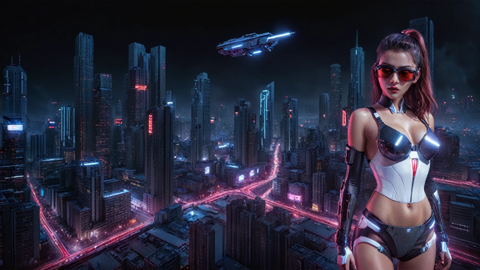 (High view). There's a cyborg woman (8k) wearing a futuristic leotard (best quality) standing in a cyberpunk city alley at night, darksynth aesthetic, red neons, haze, 1drone, foggy night, ultra detailed, photorealistic, (1girl, solo, alone), large-breast:1.2 slim body, cleavage:1.1, (black sunglasses), (holding a pistol), half-body thigh level medium shot, cinematic lighting, ray tracing.