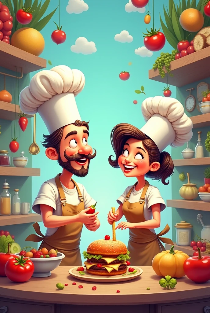 cartoon male and female litil  chefs g food world,boock cover ,black  kit