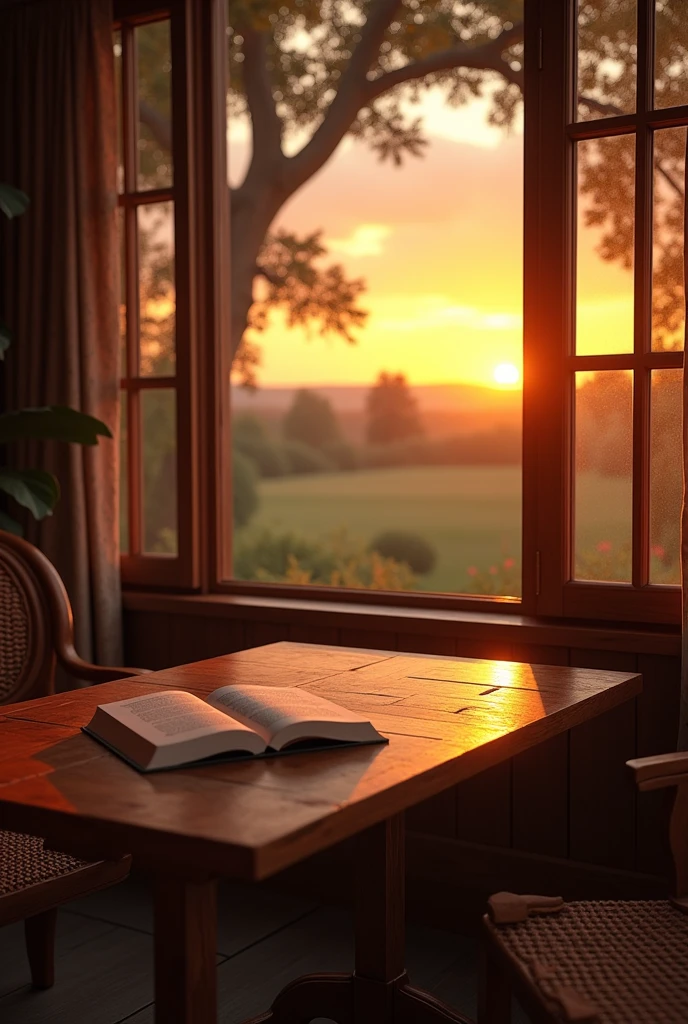 A sunset in a mahogany house in the countryside, with view of wooden window , with a mahogany table in the center and on top of the table a philosophy book
