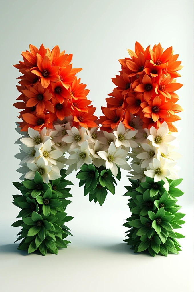 Create a realistic 3d image of alphabet "M" , made by tiranga, made by tiranga flowers