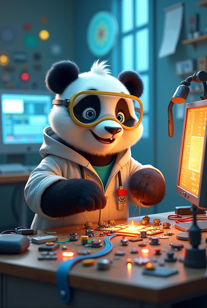 A panda playing with electrical circuits, chips and programming in a engineering environment with engineering elements around him, cartoon type, animated type