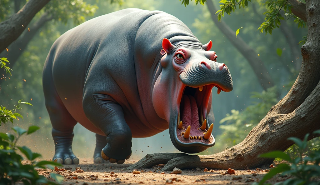 In his frustration, the hippo rammed the tree with his body until it crashed to the ground. Then he stepped on one of the branches and tried to sing.