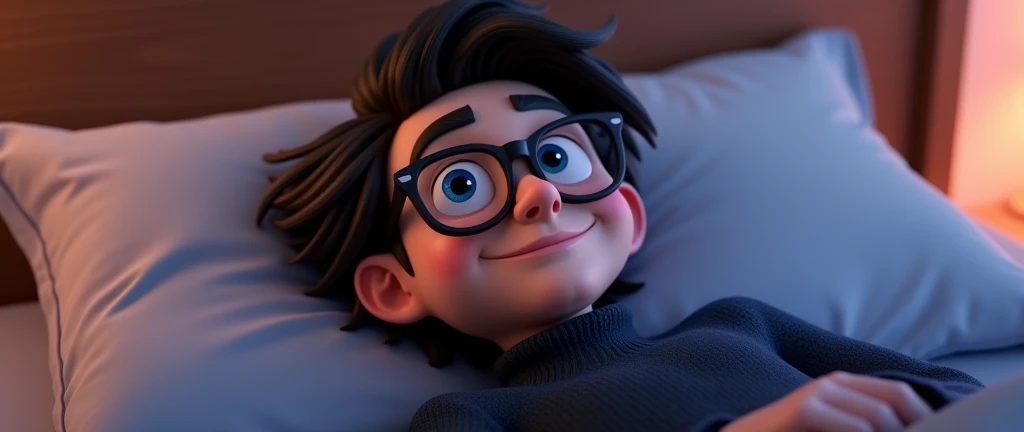 a male animated movie character in the Disney Pixar style, high qualiy, best quality , black fleece sweater blue shirt , Wear nerd glasses,  , long  hair , Happy young man  , lying in bed in his room, seen up close 