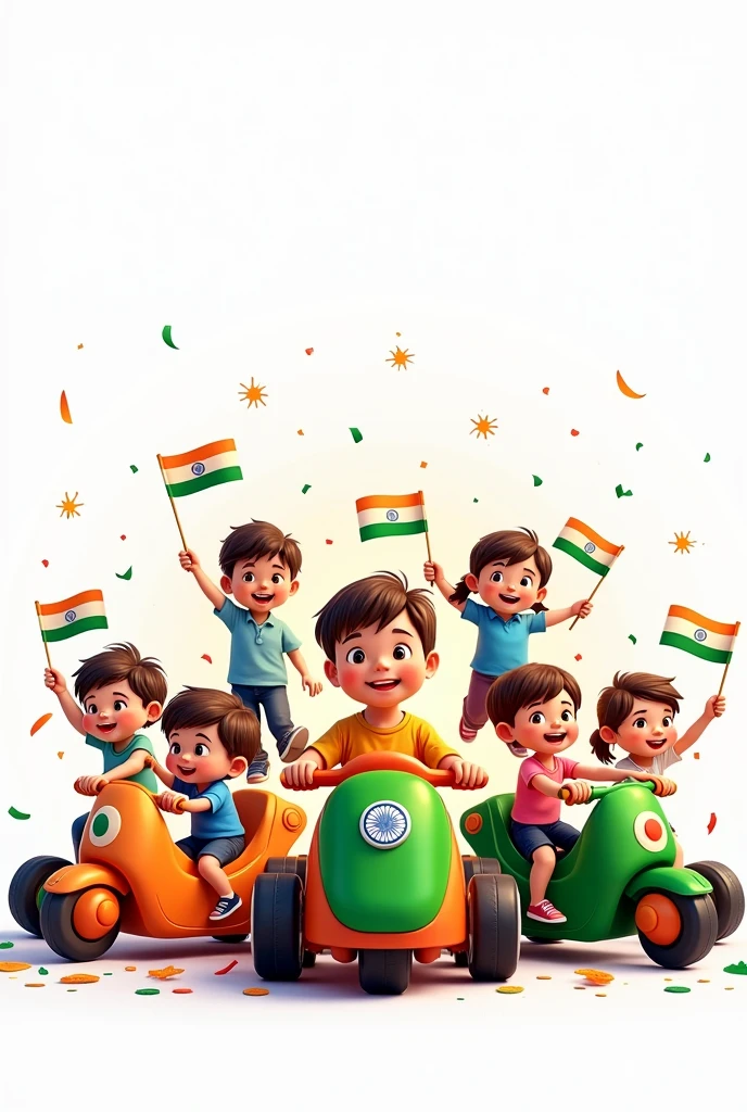 "Create an image on a white background featuring multiple colorful children's ride-on toys representing a popular toy brand. The ride-on toys should incorporate elements of the Indian tricolor—saffron, white, and green—into their designs. Surround the toys with a group of joyful kids, each holding small Indian flags and smiling. Some of the kids should be sitting on the ride-on toys while others stand beside them. Above the scene, display the text 'Happy Independence Day' in a vibrant, kid-friendly font. Add festive elements like colorful confetti and subtle fireworks in the background. The toy brand's logo should be prominently displayed at the bottom, with tricolor accents integrated into the design."