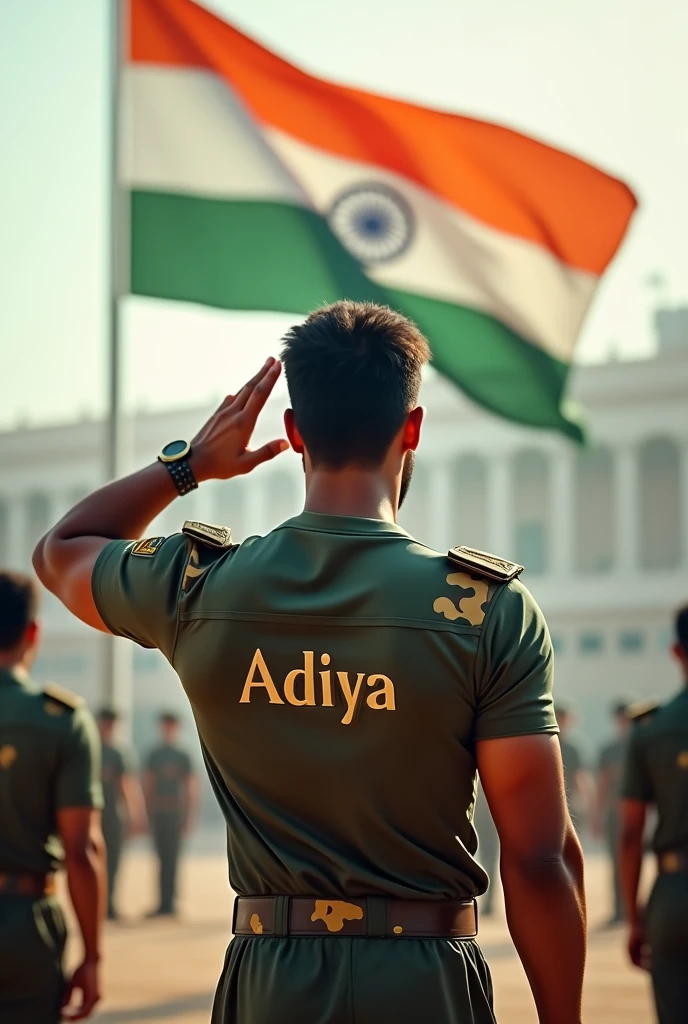 Create a photo of republic day on 15 August. A fit man saluting the Indian flag . The man wearing t shirt name aditya on it . T shirt must be designed like the soldier uniform. Man facing towards flag