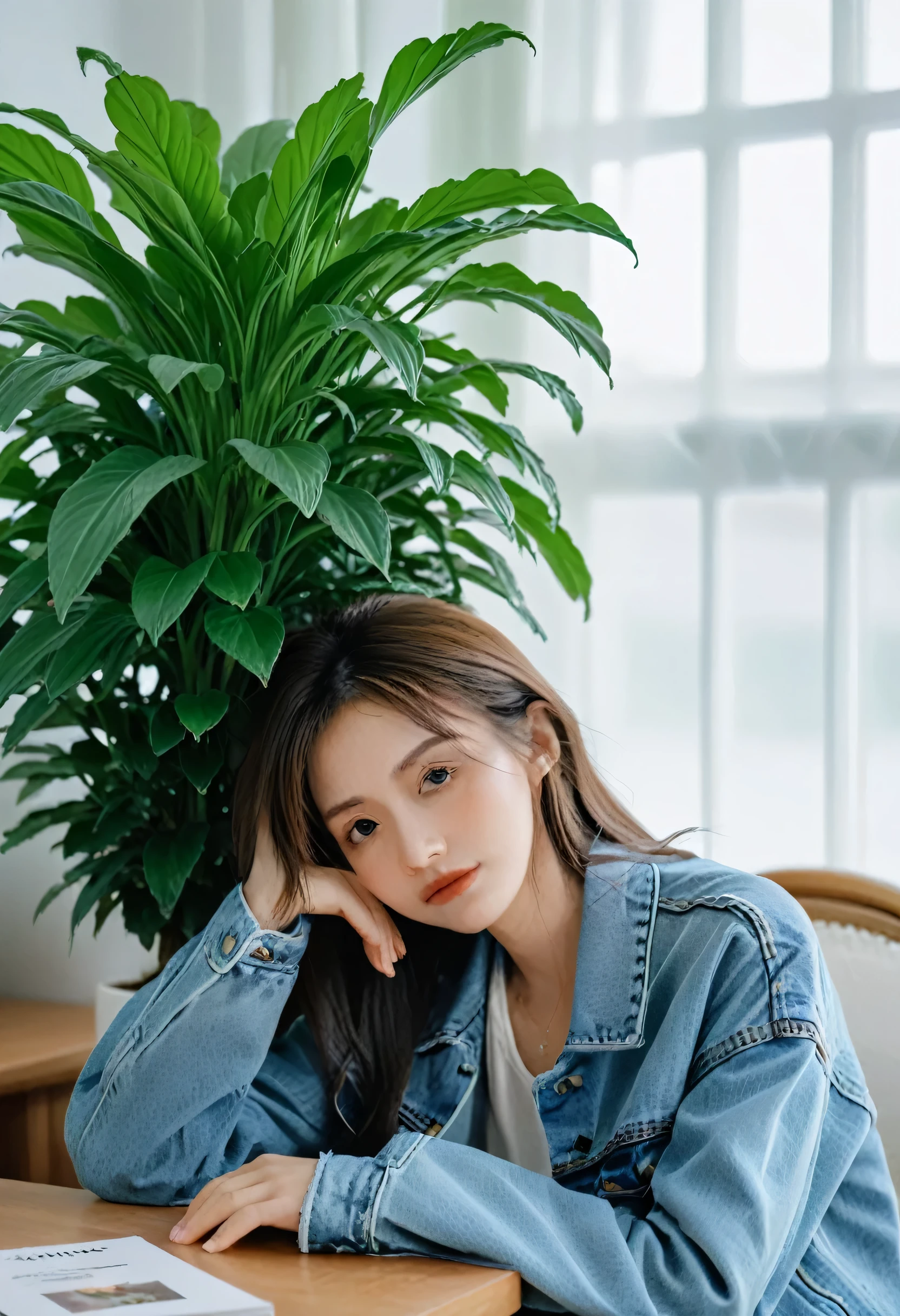 HIMESANA, ( Sony Alpha a7 III taken Photography, High Resolution, Highest quality, 8K, 32k, Candid Shot, masterpiece), a woman in a denim jacket sitting at a table with a plant in the background, 20 yo girl, denim jacket,