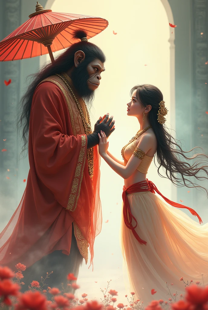 Anime girl standing with hanumanji. Hanuman ji wearing god costume. Hanuman ji holding umbrella
