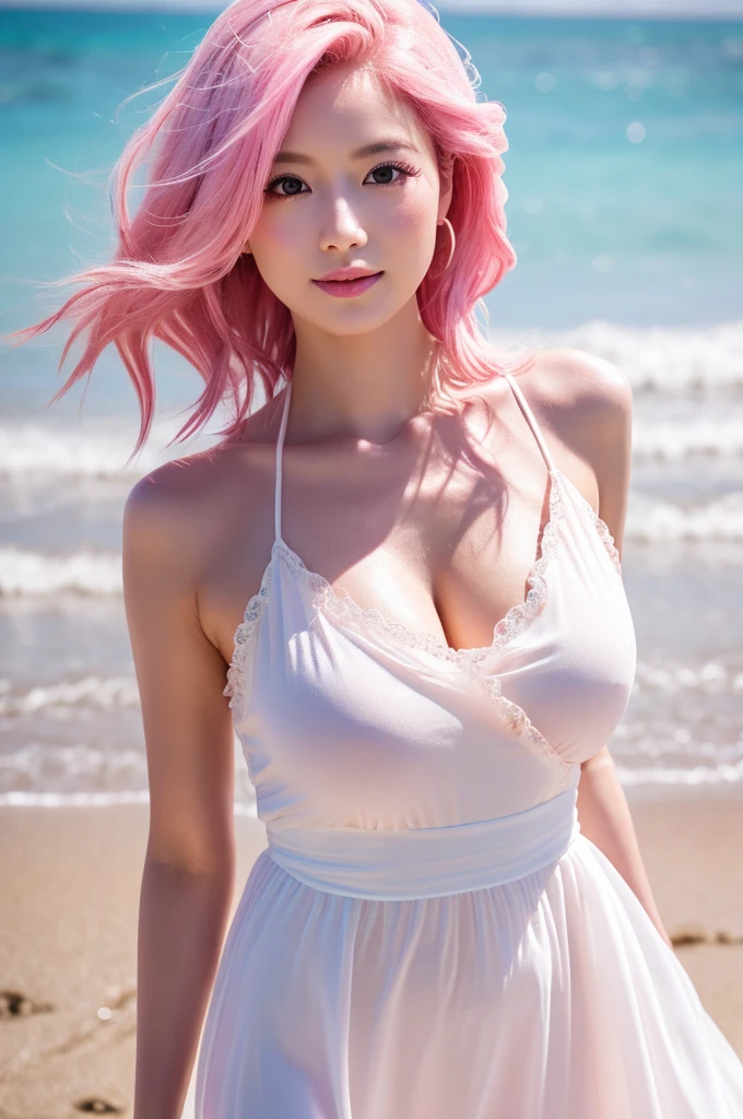 best quality, 8k, very delicate and beautiful, highly detailed face and skin texture, shiny skin, high resolution, big tits sexy pink hair japanese girl in white long dress walking on a beach, sharp focus