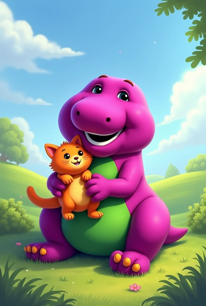 Barney the dinosaur hugging an orange cat