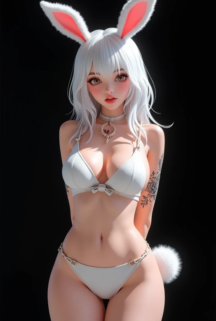 ((korean )), arms behind back, cute, (huge tits), ((pale skin)), , (white hair), bunny ears, bunny costume, white panties, black background, beautiful, model, small, ((tattoos)),