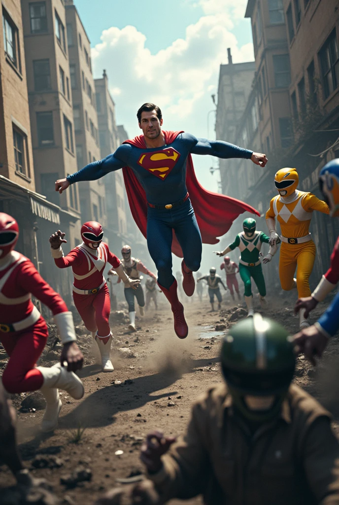 A town full of zombies with Superman and the Power Rangers fighting