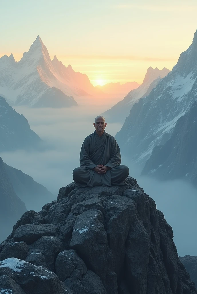 Monk doing meditation in morning above the mountain while sunrise 