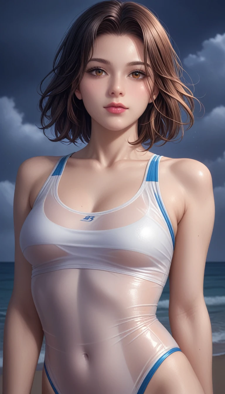 score_9, score_8_superior, score_7_superior, High-resolution CG illustration,A masterpiece in 32K resolution,Highest quality,it is really amazing,Very detailed,Ultra-high resolution,Ultra-realistic,Realistic,Increased depth of field,Cinematic lighting,
Sexy mature Japan woman,
black straight medium hair,Ultra-detailed and beautiful face,Calm and gentle look,Beautiful brown eyes,Translucent white skin,Realistic skin texture,Great proportions,
Sexy high leg swimsuit,
Bold design,Chic color scheme,Detailed fabric texture,
Dark overcast sky on a dull night,Dark clouds filling the sky,Thundercloud,Coastline at night,Stormy seas,delay々A desolate sandy beach that continues,
Cinematic Angle,