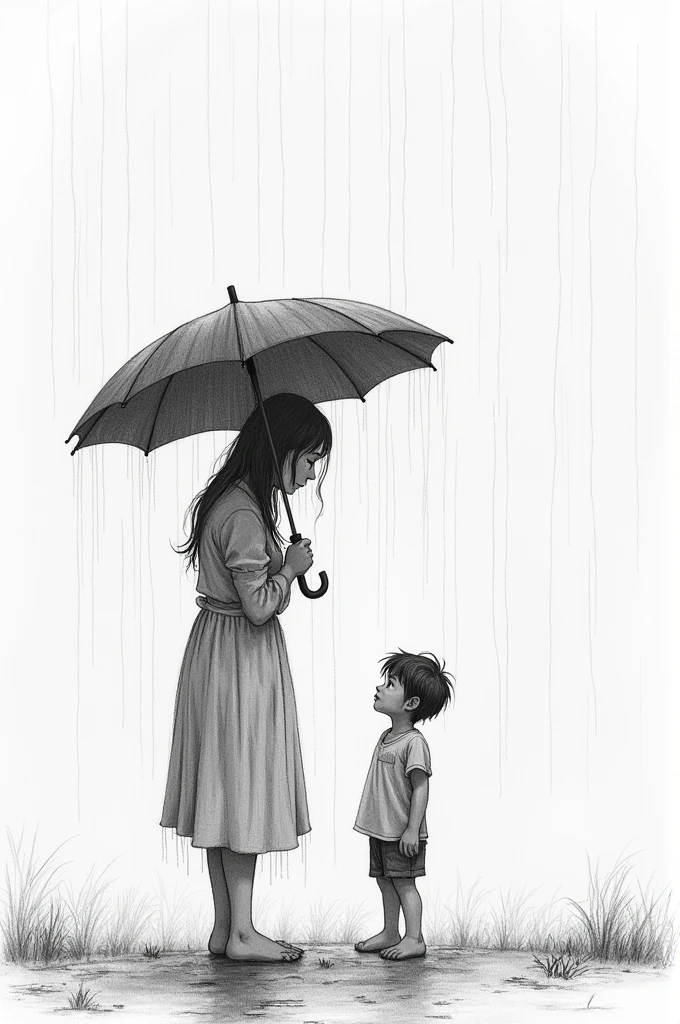 Simple pencil drawing wherein it's raining the scene is a sad moment the mother is getting wet and the son has its umbrella